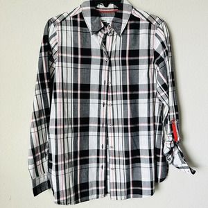 Foxcroft Black Plaid Button Down 3/4 Sleeve Shirt Sz 6